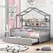 Wooden Twin Size Roof House Bed, Full-Length Guardrail Kids Bed with Trundle and Storage Shelf Design for Bedroom