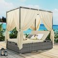 2-Person Patio Sun Lounger Bed with Overhead Curtains All-Weather PE Rattan Wicker Adjustable Sunbed Canopy Daybed with Backrests and Cushion Outdoor Backyard Lawn Furniture Sets Beige