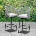 Dextrus 2-Piece Patio Woven Swivel Bar Stools Outdoor Bar Height Chair with Soft Cushions for Backyard Poolside Garden w/360 Rotation (Gray)