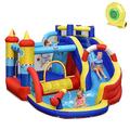 GYMAX Kids Bouncy Castle with 480W Blower, 6 in 1 Inflatable Water Park with Slide, Climbing Wall, Splash Pool, Water Cannon & Target Game, Children Bounce House for 3-12 Years Old Boys Girls