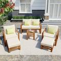 6-Piece Conversation Set Patio Wood Sectional Seating Groups Chat Set with Cushions Outdoor Furniture Set of 6 with Loveseat 2 Single Chairs with Ottomans and Table for Backyard Poolside Beige
