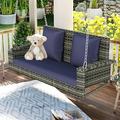 2-Person Wicker Hanging Porch Swing Outdoor Rattan Swing Bench with Hanging Chains and 2 Pillows Wicker Hanging Swing Chair with Soft Seat Cushion for Outdoor Garden Backyard Pond Blue-Gray