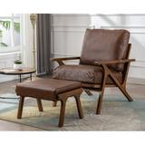 Guyou Mid Century Accent Chair and Ottoman Set Upholstered Faux Leather Armchair Comfy Single Sofa Lounge Chair with Wooden Frame for Fireplace Bedroom Living Room Study Brown