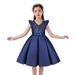 Loopsun Girls Party Dresses V-Neck Short Sleeve Solid Sequin Midi Dress Navy