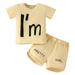 Cute Summer Toddler Girls Outfits Set Child Clothes Baby Short Outfit Sets Baby Short Sleeve Letter Tops Elastic Shorts 2Pcs Set Yellow For 6-9 Months