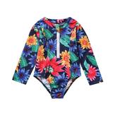 Toddler Swimsuit Girl Size 10 Years-12 Years Flower Print Boys Beach Swimwear Baby Swimwear Zipper Bathing Suit For Teens Girl Blue