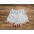 Vintage 1990S Concepts & Design High Waisted Light Wash Denim Short Shorts With Floral Ruffle Hem, Size Small