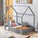 Full Size House Bed, Solid Wood Montessori Bed Platform Bed Frame with Fence-Shaped Guardrails, for Kids Teens, Girls Boys, Grey