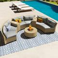 9-Piece Outdoor Sofa Set Modern 6-Person Fan-shaped Rattan Suit Combination with Movable Cushions and Steel Legs Wicker Round Sofa Set with Round Coffee Table for Outdoor Garden Patio Gray