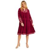 Plus Size Women's Coraline Embroidered Peasant Dress by June+Vie in Rich Burgundy Embroidery Geo (Size 26/28)