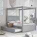 Full Size Canopy Bed with Twin Size Trundle Bed, Solid Wood Full Platform Bed with Headboard, Footboard and Slat Support, Grey