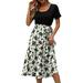 Women s Casual Short Sleeve Mid Length Dresses Waist Tie O-Neck Patchwork Dot Printing Business Dresses White_001 XXL