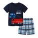 Kid Toddler Boys Outfits Summer Casual Short Sleeved Fire Truck Pattern Knitted Cotton Two Piece Baby Boys Clothes Size 110 Dark Blue