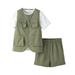 Outfits Summer Solid White Short Sleeved Inner Wear Workwear Sleeveless Jacket Elastic Shorts 3Pc Clothes Size B Green