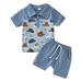 Toddler Little Boys Summer Outfits Short Sleeve Cartoon Prints Turn-Down Collar T Shirt Tops With Shorts Baby Boys Summer Clothing Sets Size 110 Blue