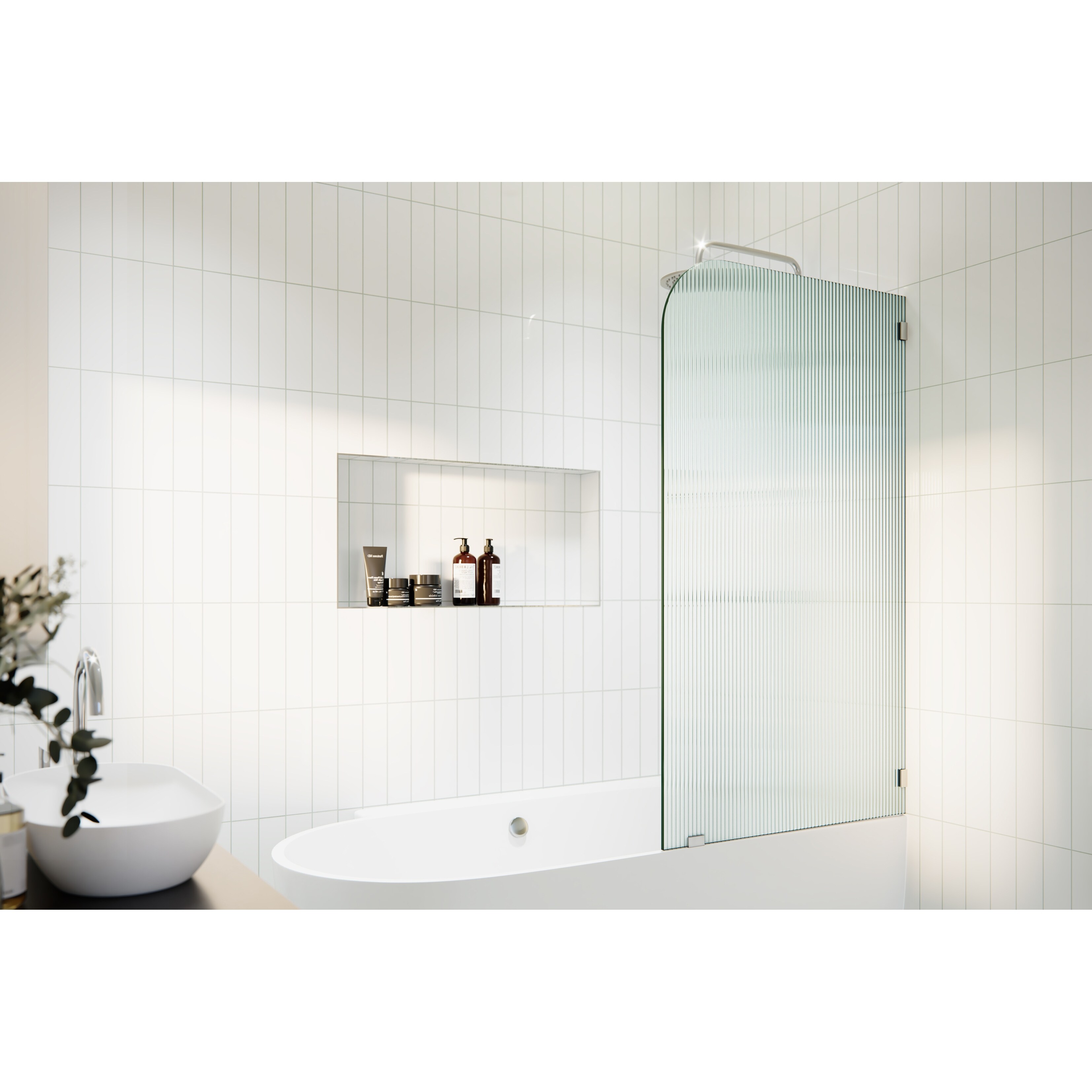 Aurora 58.25 in. x 30 in. Frameless Bath Shower Door - Single Fixed Panel Fluted Frosted Radius Right Hand