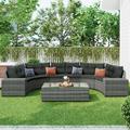 8-Piece Outdoor Wicker Round Sofa Set Half-Moon Sectional Patio Sofa Set with Rectangular Coffee Table All Weather PE Rattan Wicker Curved Sofa Set with Movable Cushion Gray