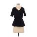 Ann Taylor Short Sleeve Blouse: Black Print Tops - Women's Size 2X-Small Petite