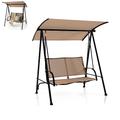 SFAREST Garden Swing Chair, Patio 2 Seater Canopy Swing Seat with Curved Armrests, Outdoor Metal Frame Hanging Bench for Garden, Poolside, Courtyard, Balcony (Brown)