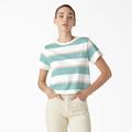 Dickies Women's Large Striped Cropped Pocket T-Shirt - Pastel Turquoise Stripe Size L (FSR89)