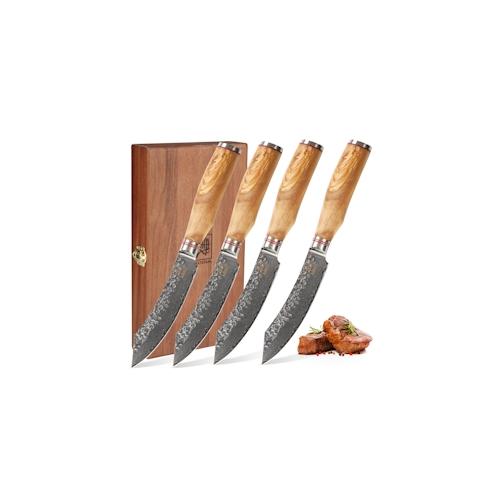 Zayiko Minami Damast 4er Steakmesser-Set 12 cm Klingen Olivenholzgriffe Holzbox
