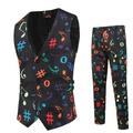 Penkiiy Blazer Set for Men Casual Light Business One-button 3D Music Character Printed Waistcoat And Trousers Suit Black Blazer