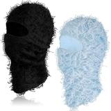 Viworld 2 Pack Distressed Balaclava Ski Mask Full Face Knitted Balaclava Windproof Cool Ski Mask for Cold Weather Black Light Blue