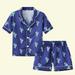 Loopsun Toddler Pajamas Sets Lapel Short Sleeve Floral Printing Silk Satin Home Wear Clothes Suit Navy