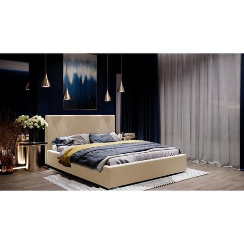 Samtbett 140×200 cm Falgo – Samt Doppelbett mit Bettkasten und Lattenrost – Beige (Riviera 24)