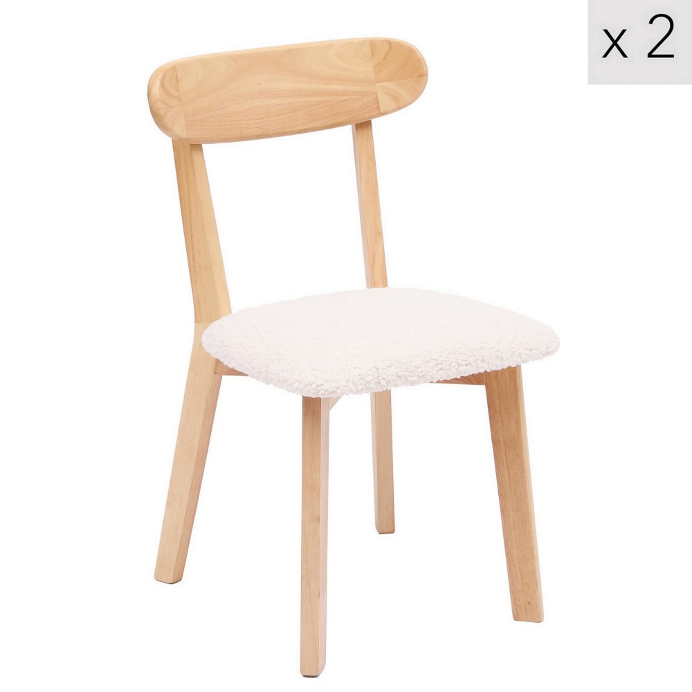 Lot de 2 chaises de salle à manger en bois massif et bouclette blanche