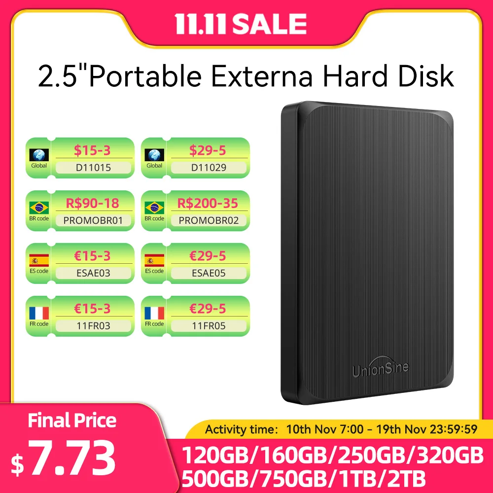 UnionSine-Disque dur externe HDD portable USB 3.0, 2.5 pouces, 1 To/750 Go/500 Go/250 Go, compatible avec PC,Mac, ordinateur de bureau, MacPle, TV