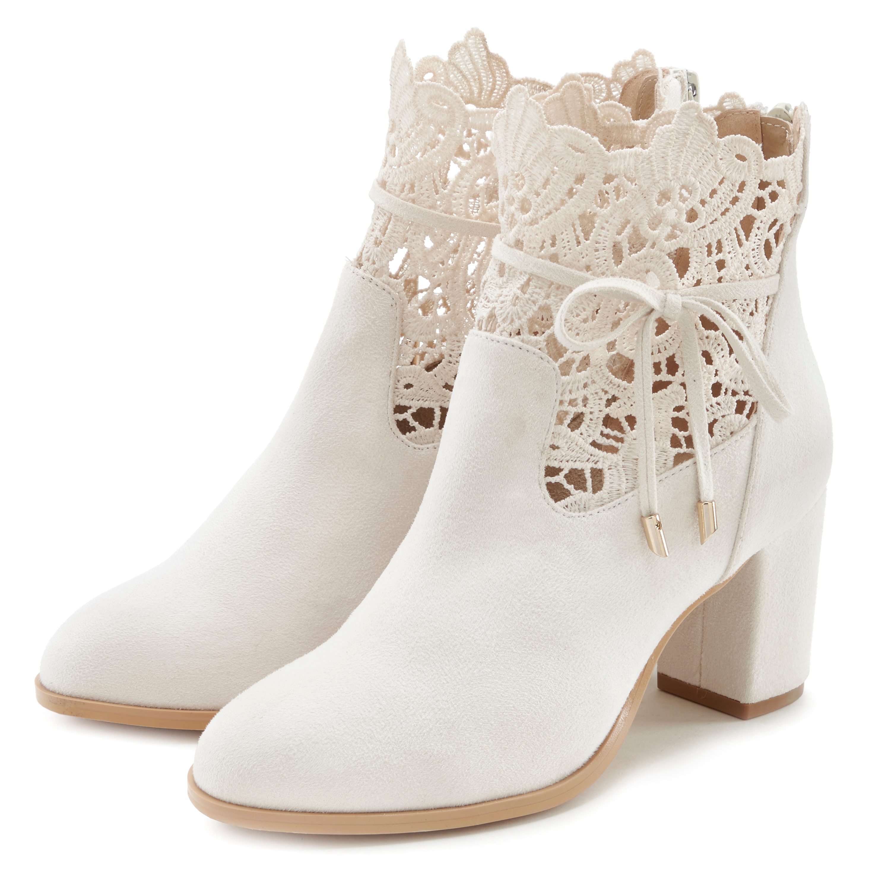 High-Heel-Stiefelette LASCANA, Damen, Gr. 36, weiß (beige), Obermaterial: 100% Textilmaterial. Decksohle: 100% Lederimitat. Futter: 100% Textilmaterial. Laufsohle: 100% Synthetik, unifarben, Schuhe, mit modischer Spitze und bequemen Blockabsatz,...
