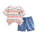 Toddler Little Boys Summer Outfits Summer T Shirt With Stripes And Cute Dinosaur Print Denim Shorts Baby Boys Summer Clothing Sets Size 130 Red