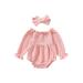 ELF 0-2Y Baby Girls Knitted Romper Set Solid Color Long Sleeve Off-shoulder Pleated Romper with Hairband Fall Outfit