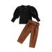 IZhansean 3Pcs Toddler Baby Girls Autumn Clothes Puff Long Sleeve T-shirt PU Leather Long Pants with Belt Casual Streetwear Black 2-3 Years