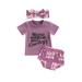 IZhansean 3pcs Infant Baby Girls Boys Cute Clothes Letter Short Sleeve T Shirts+Printed Shorts Headband Sets Purple 18-24 Months