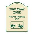 SignMission Designer Series Sign - Tow Away Zone - Private Parking Only (With Car Towing Symbol) | Tan & Green 18 x 24 Heavy-Gauge Aluminum Architectural Sign | Made in the USA