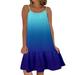 Women Tie Dye Floral O Neck Ruffle Hem Spaghetti Strap Sleeveless Short Dress Cover Up Beach Dress
