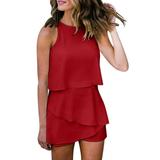 Rompers For Women Summer Petite Fashion Round Neck Sleeveless Ruffle Womens Jumpsuits Casual Summer Linen Red XL