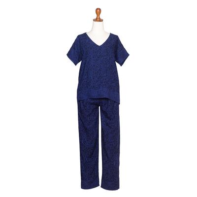 Blue Orchid,'Navy and Amethyst Rayon Batik Pajama Set from Indonesia'