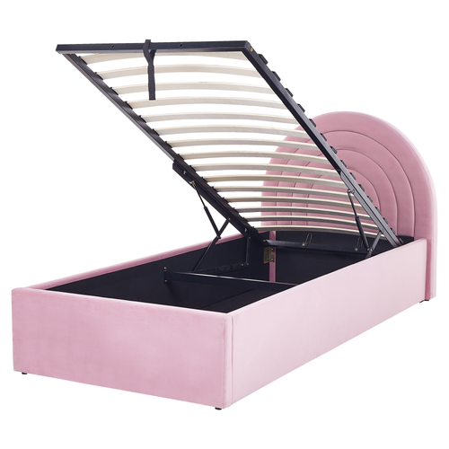 Bett mit Bettkasten Rosa Samt Gepolstert Lattenrost 90 x 200 cm Hochklappbar Hohes Rundes Kopfteil Retro Schlafzimmer Möbel Ausstattung