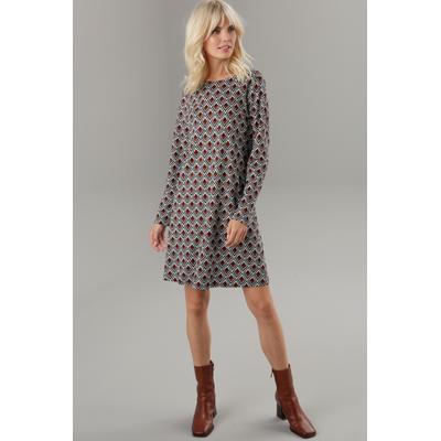 Jerseykleid ANISTON SELECTED, Damen, Gr. 36, N-Gr, bunt (schwarz, sanftes weiß, hellblau, rotbraun), Milano Rib, Obermaterial: 89% Viskose, 9% Polyester, 2% Elasthan, gemustert, bedruckt, modisch, A-Linie kniefrei, Rundhals, Langarm, Kleider, in... Image
