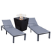 LeisureMod Marlin Modern Aluminum Outdoor Patio Chaise Lounge Chair Set of 2 with Square Fire Pit Side Table Perfect for Patio Lawn and Garden (Dark Grey)