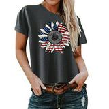 REORIAFEE American Flag Tshirts Top for Women 4th of July Shirts Stars Striped Tops USA Flag Tees Loose Fit Independence Day Print Top Crew Neck Short Sleeve Dark Gray L