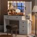 Latitude Run® Jahking Vanity Desk w/ Mirror & Lights in 3 Colors, Glass Tabletop, Charging Station, Drawers in White | Wayfair