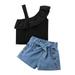 BJUTIR Girls Summer Outfits Solid Color One Shoulder Strap Sleeveless Lace Top Tie Up Denim Shorts Two Piece Set