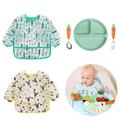 DEELLEEO Toddler Feeding Set Long Sleeve Baby Bibs Stainless Steel Kids Flatware Set with Silicone Divided Plates 5pcs
