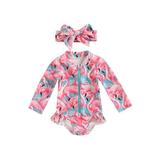 GXFC Toddler Baby Girl One Piece Swimsuits Infant Long Sleeve Zip-up Ruffle Floral Graphic Print Swimwear with Hat Rash Guards Beach Bathing Suit 6M-3T