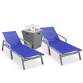 LeisureMod Marlin Modern Grey Aluminum Outdoor Patio Chaise Lounge Chair With Arms Set of 2 with Square Fire Pit Side Table Perfect for Patio Lawn and Garden (Navy Blue)