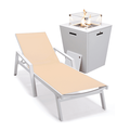 LeisureMod Marlin Modern White Aluminum Outdoor Patio Chaise Lounge Chair With Arms with Square Fire Pit Side Table Perfect for Patio Lawn and Garden (Light Brown)